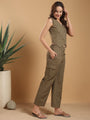 Olive green Waist coat style top with pants - dotted stripes coord set