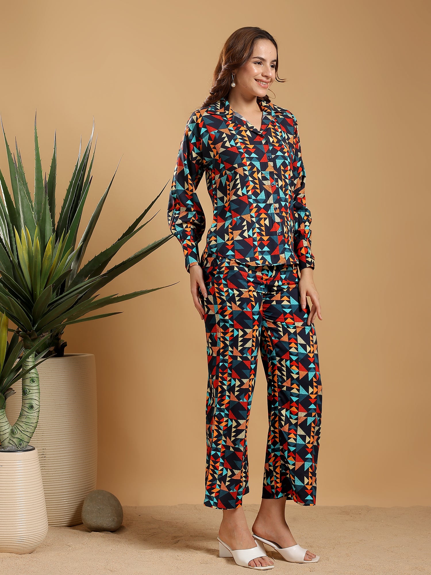 Blue - multicoloured print Regular Shirt Coord set drop shoulder broad sleeve cuff