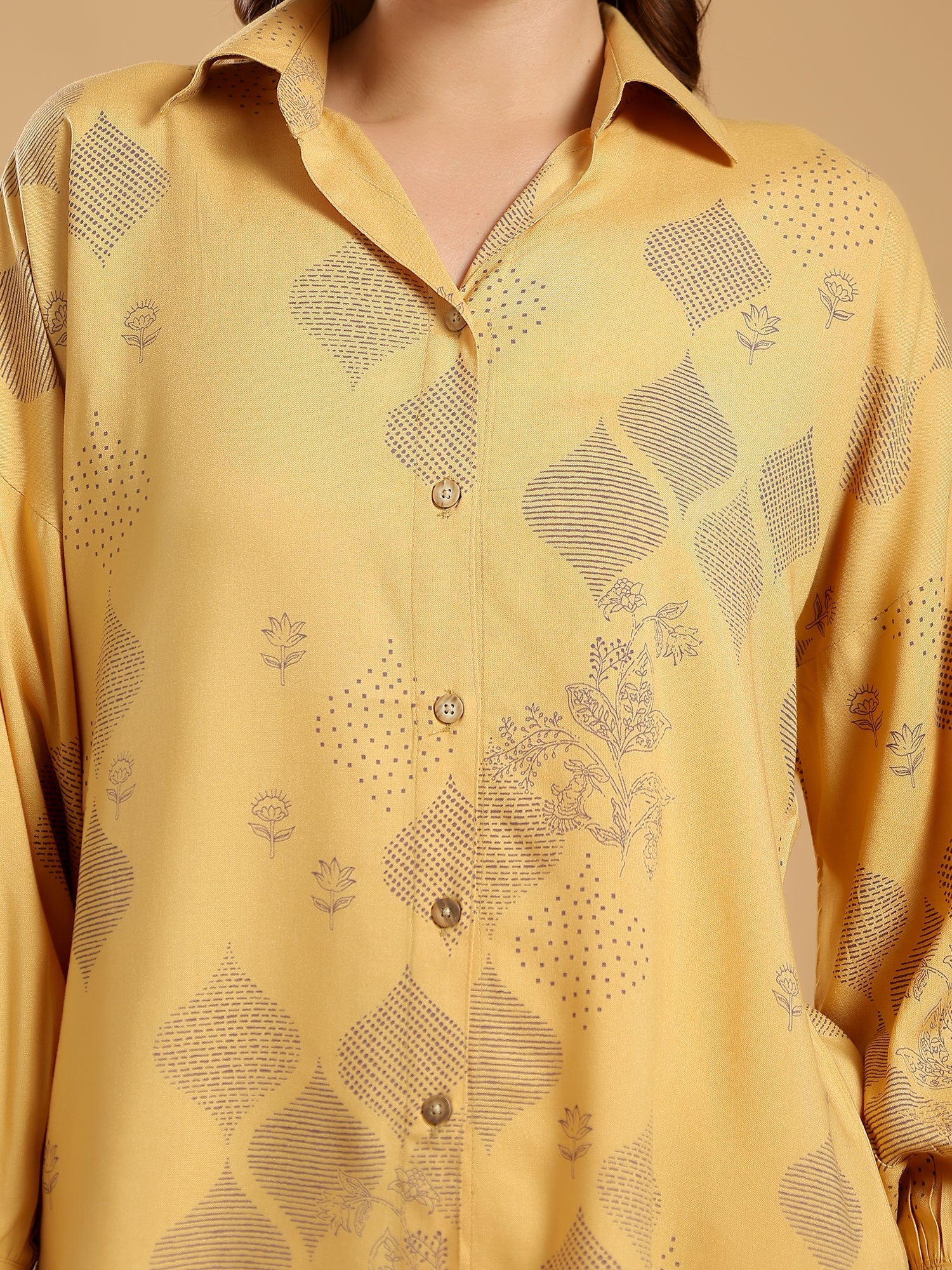 Mustard yellow Regular Shirt Coord set drop shoulder broad sleeve cuff