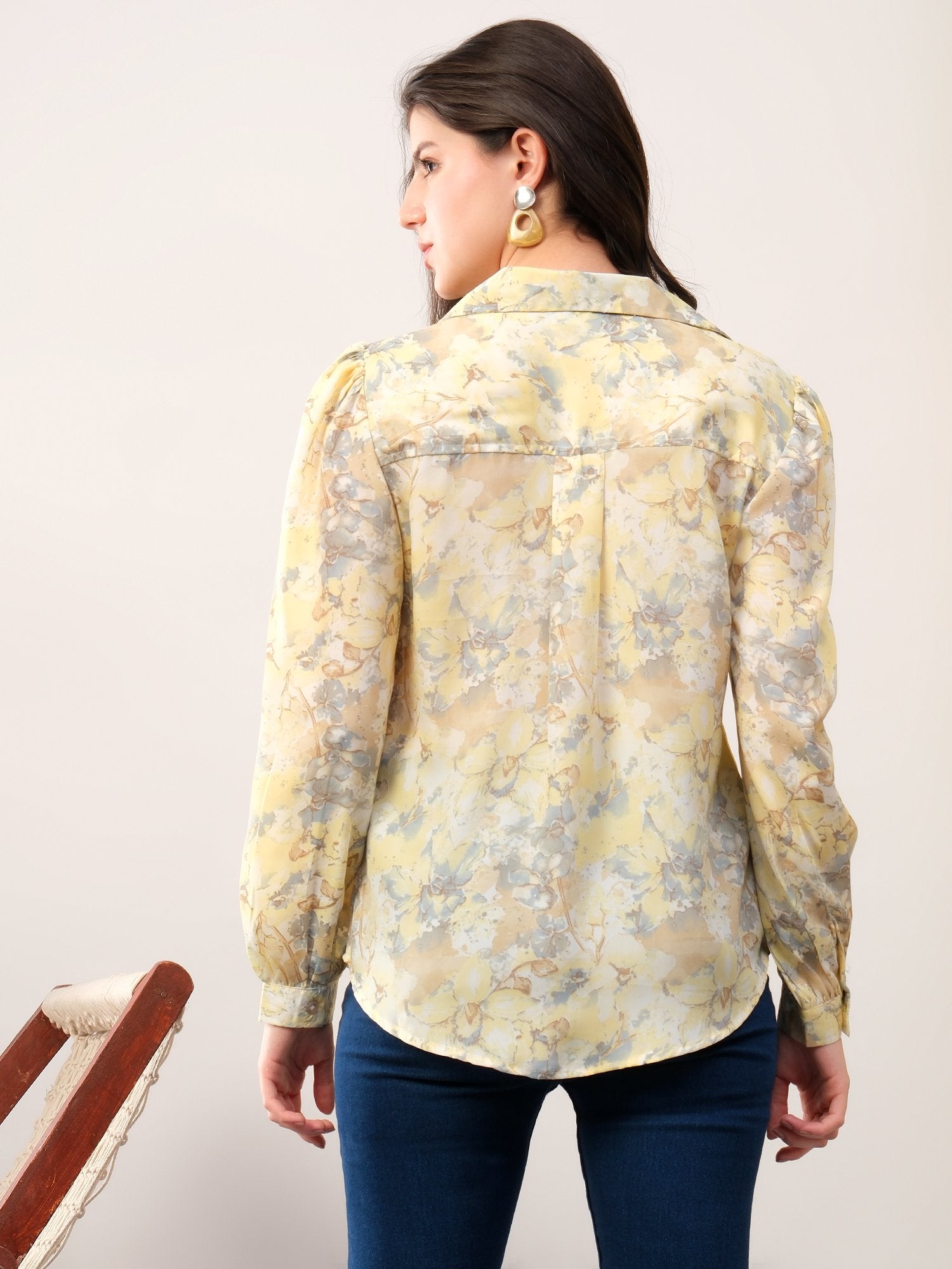 Yellow Printed Floral Casual Collar Shirt