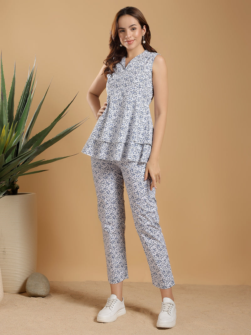 White printed Band neck collar and tunic top with pants coord set