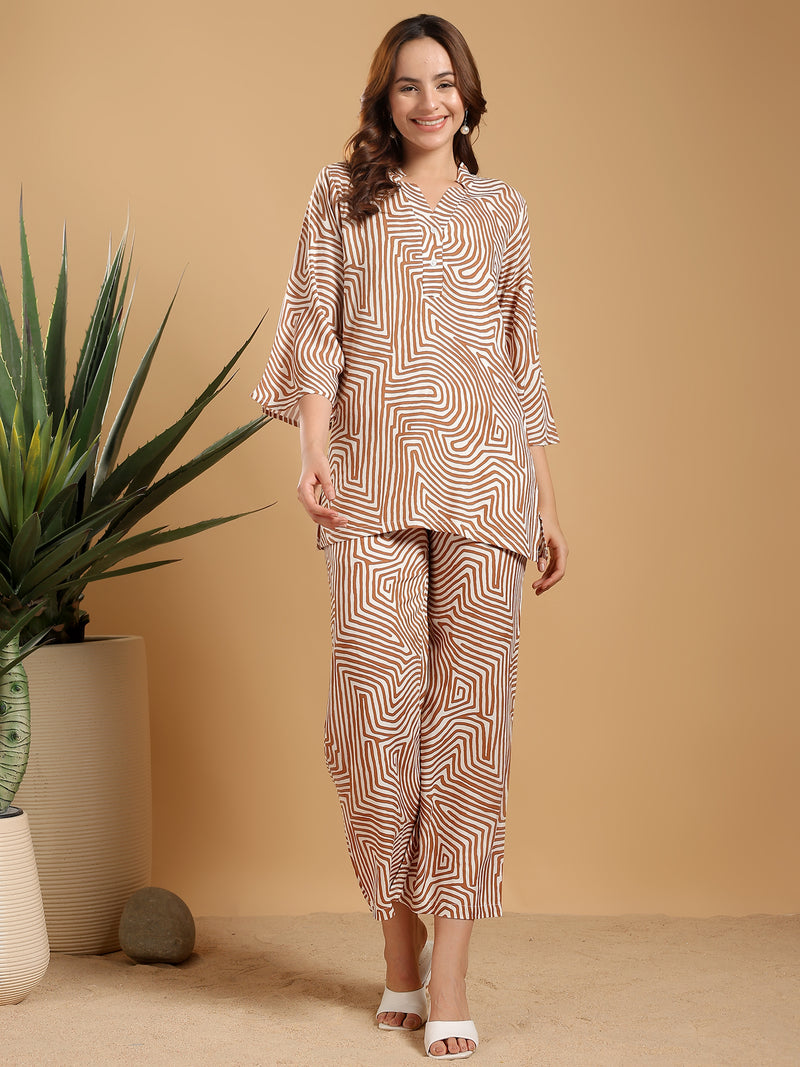 Brown printed band neck regular coord set