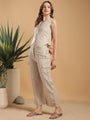 Beige Waist coat style top with pants - striped coord set