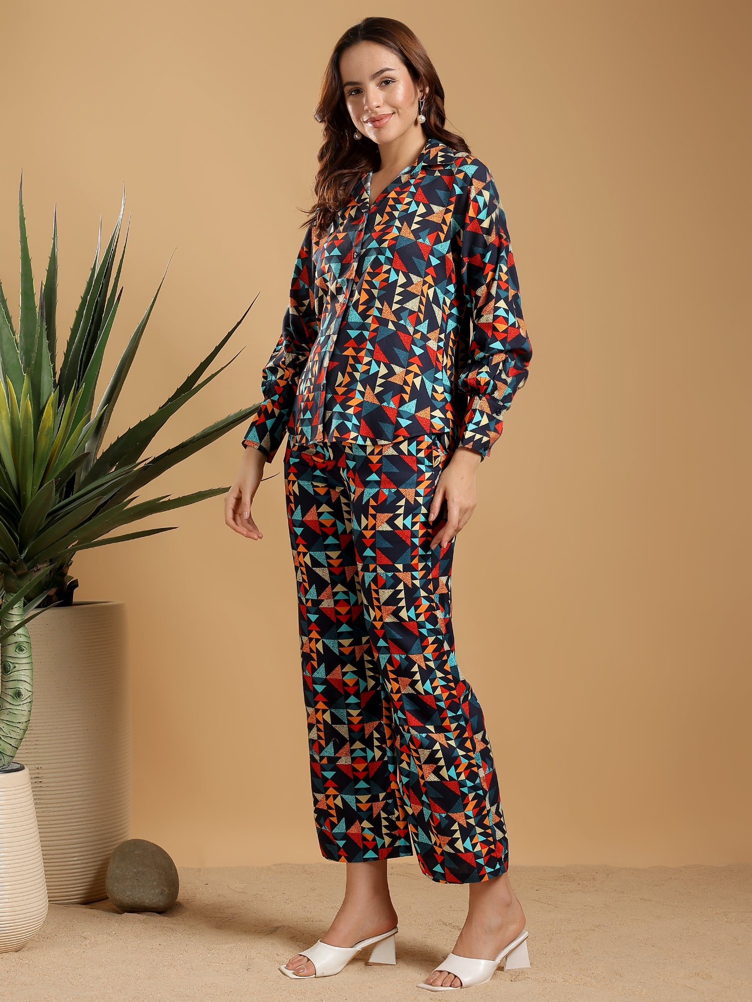 Blue - multicoloured print Regular Shirt Coord set drop shoulder broad sleeve cuff