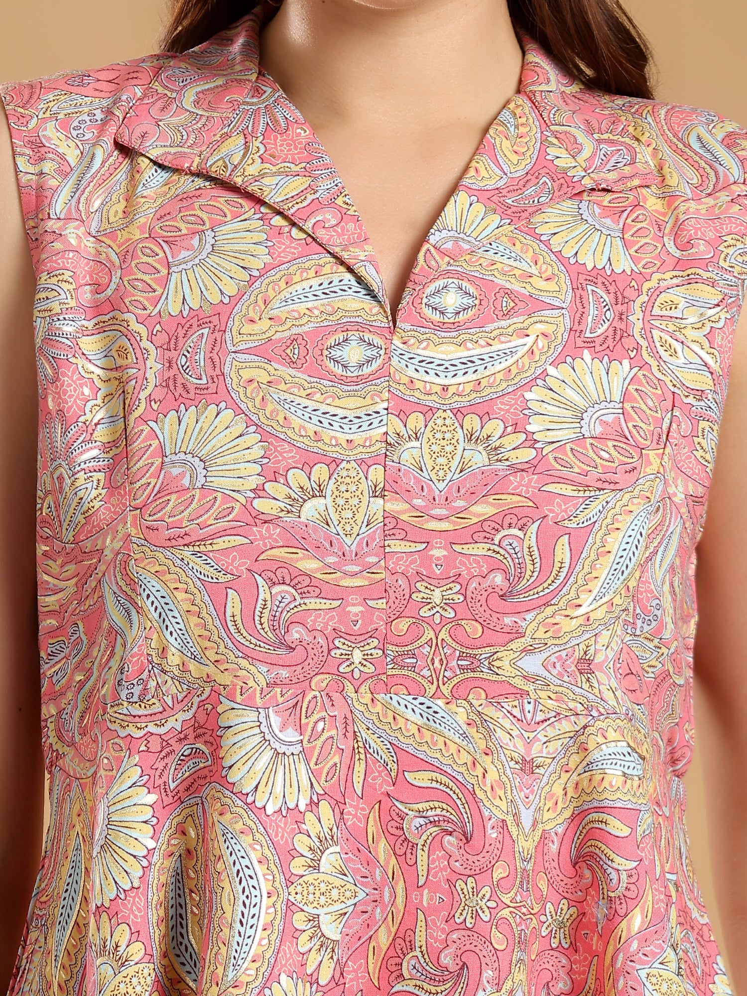 Pink paisley print Band neck collar and tunic top with pants coord set