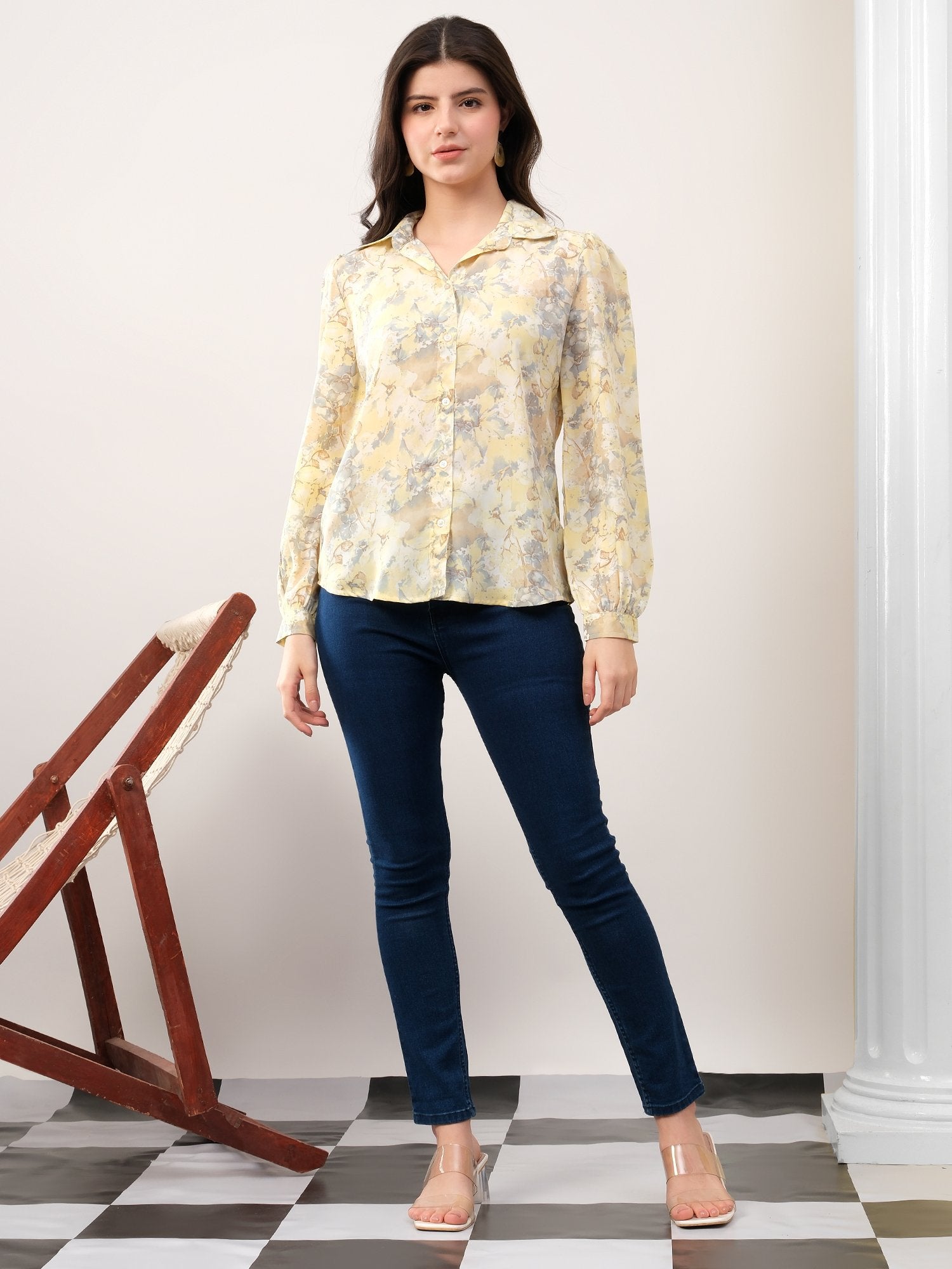 Yellow Printed Floral Casual Collar Shirt