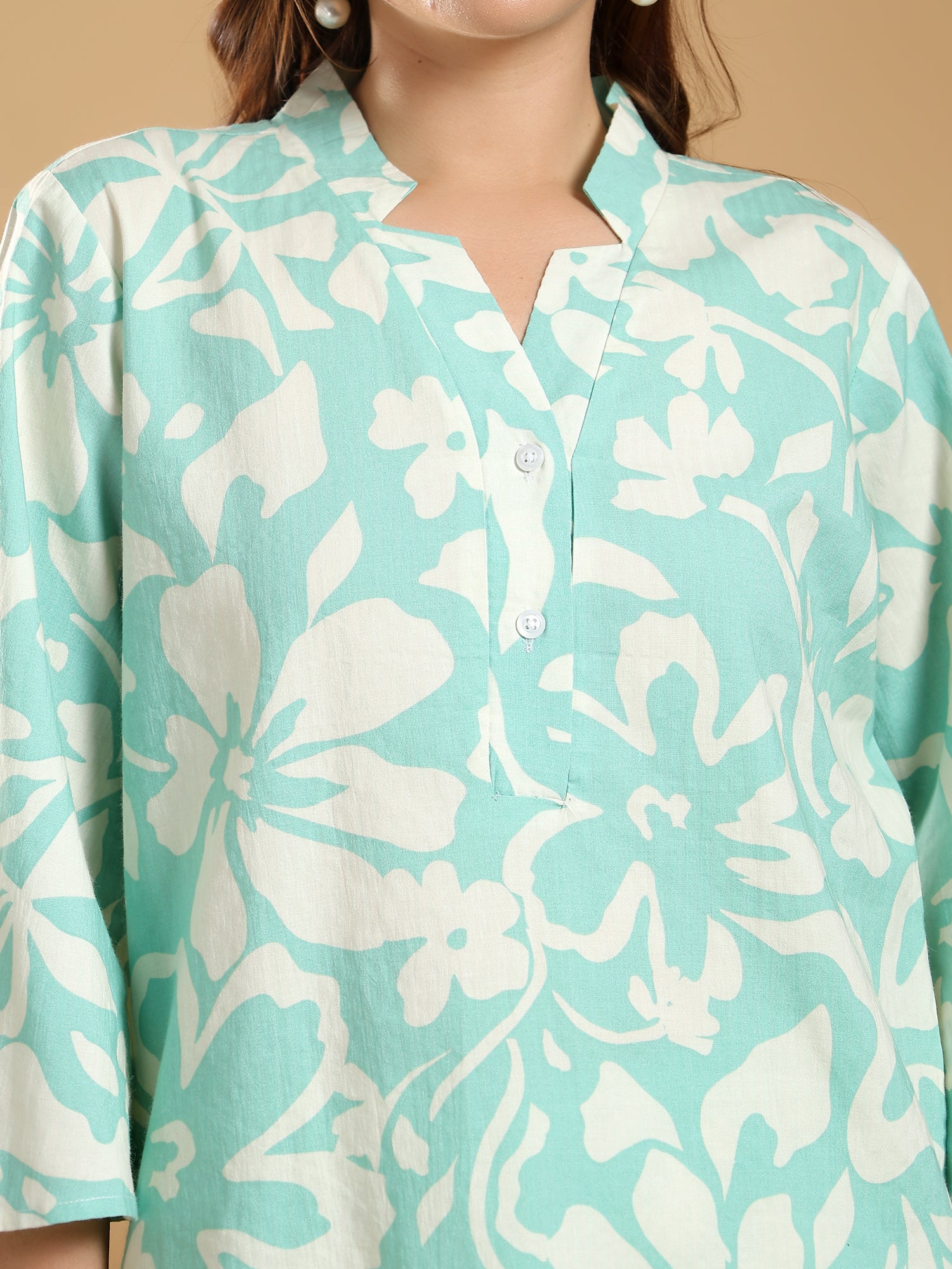 Green and white printed band neck regular coord set