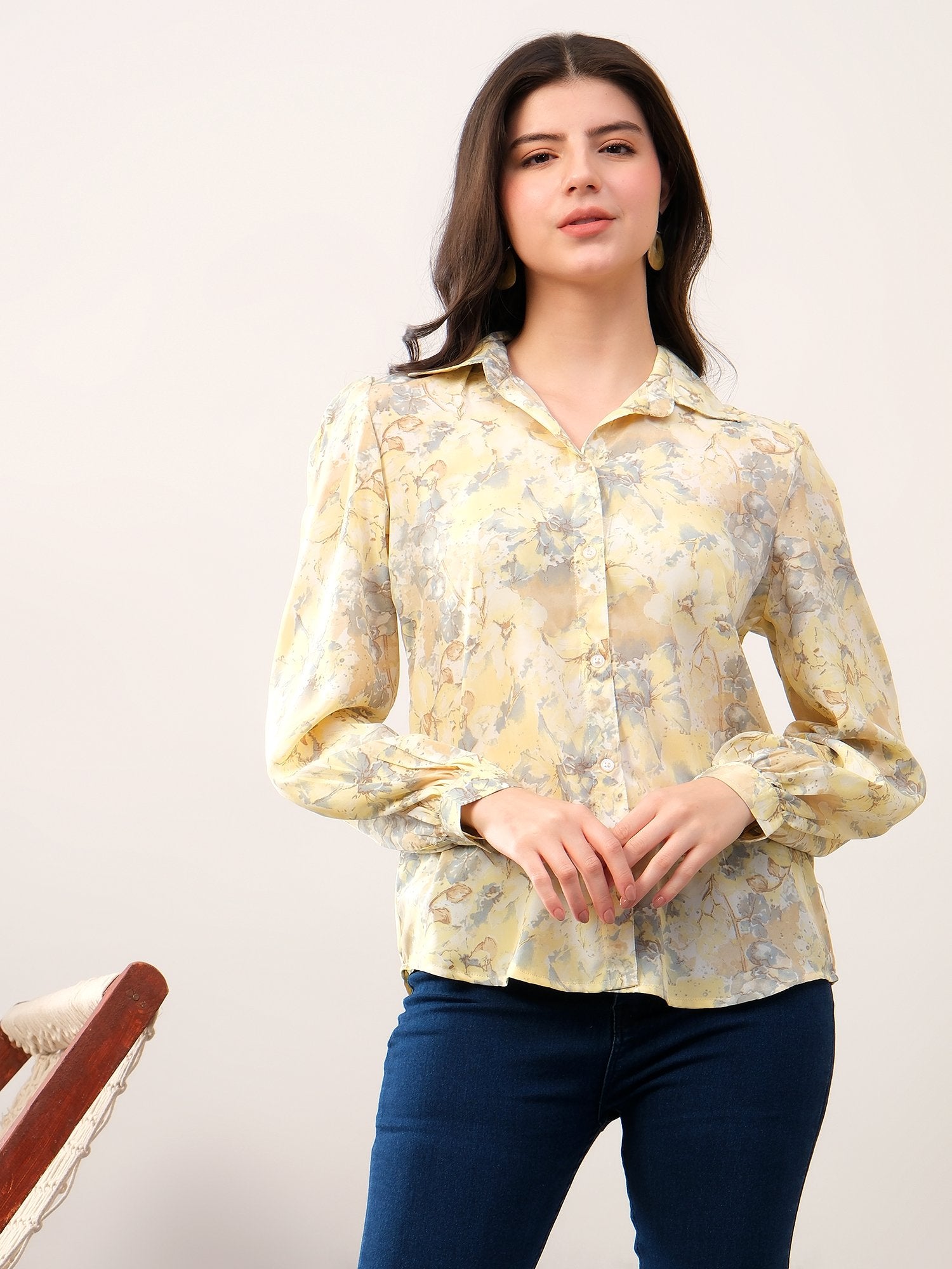 Yellow Printed Floral Casual Collar Shirt