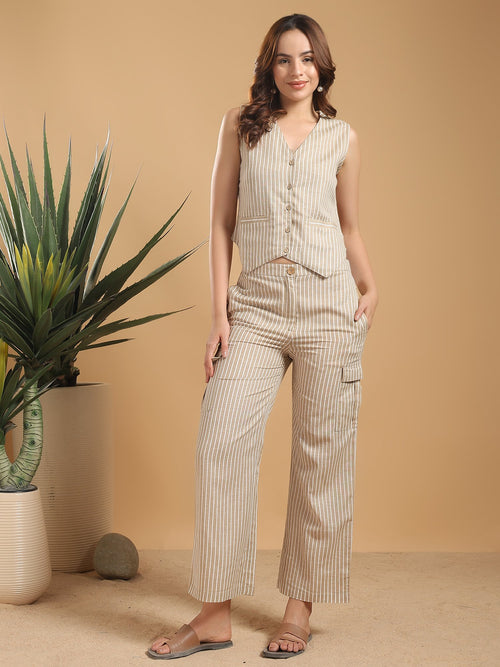 Beige Waist coat style top with pants - striped coord set
