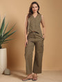 Olive green Waist coat style top with pants - dotted stripes coord set