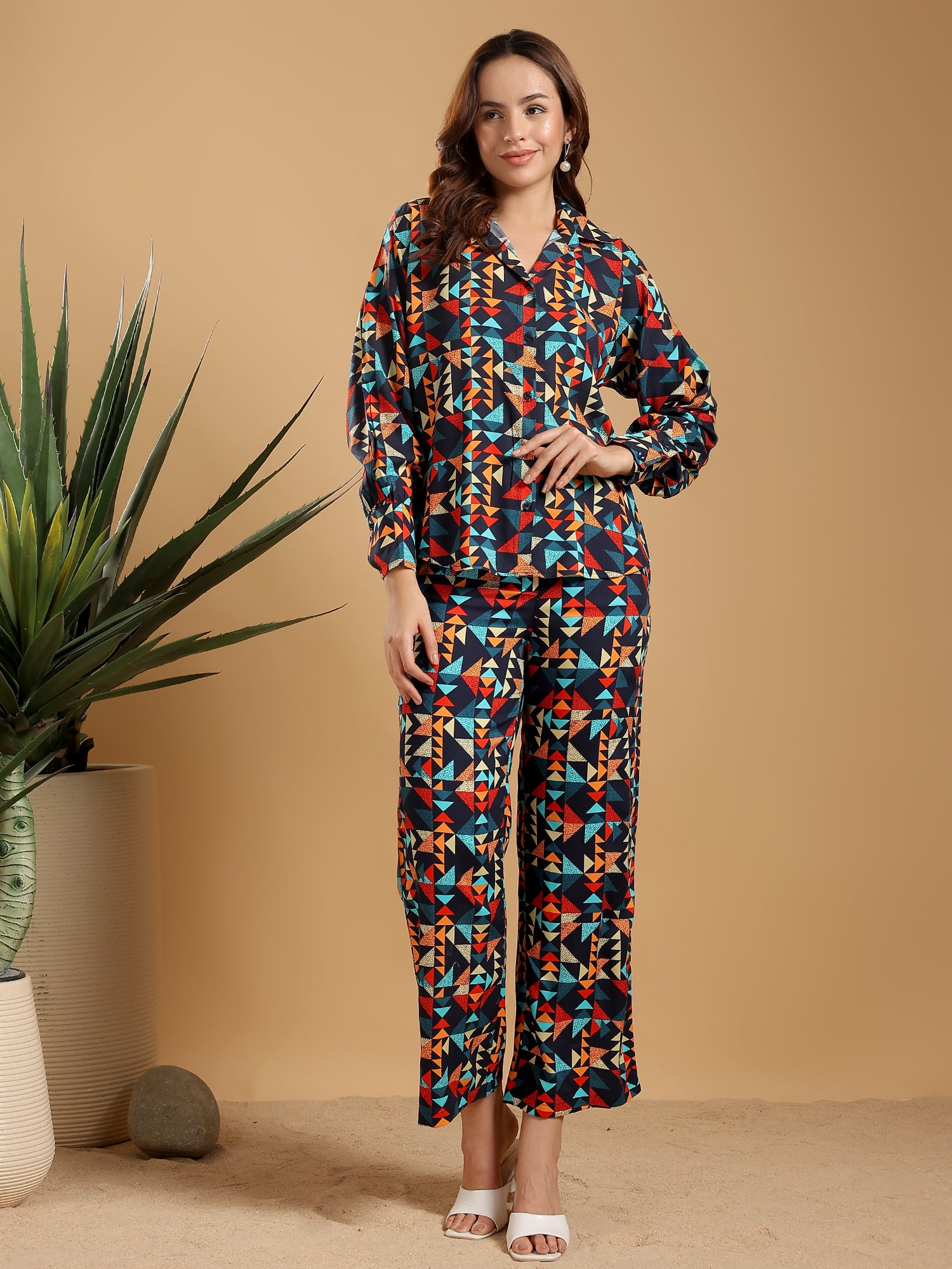 Blue - multicoloured print Regular Shirt Coord set drop shoulder broad sleeve cuff