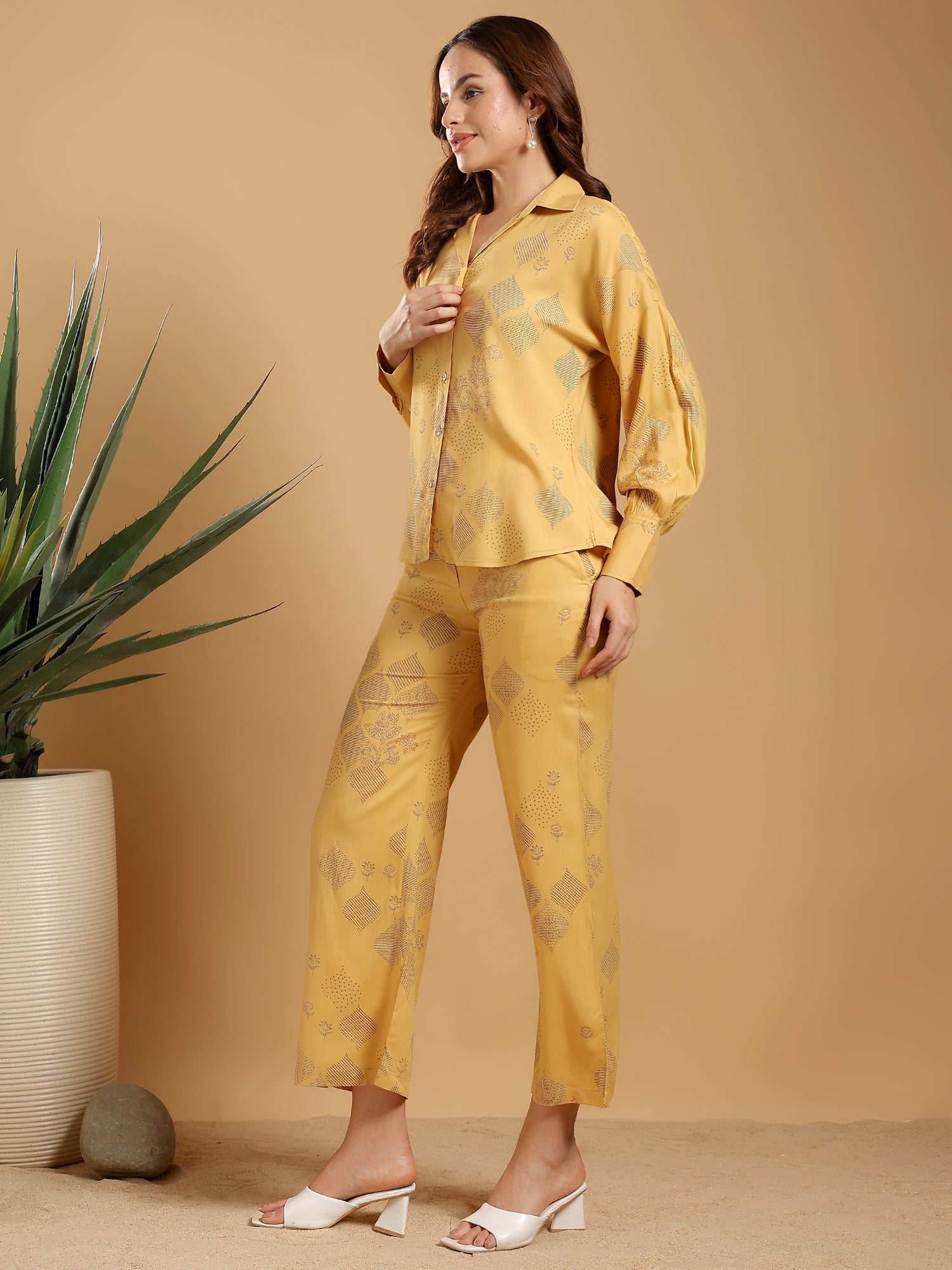 Mustard yellow Regular Shirt Coord set drop shoulder broad sleeve cuff