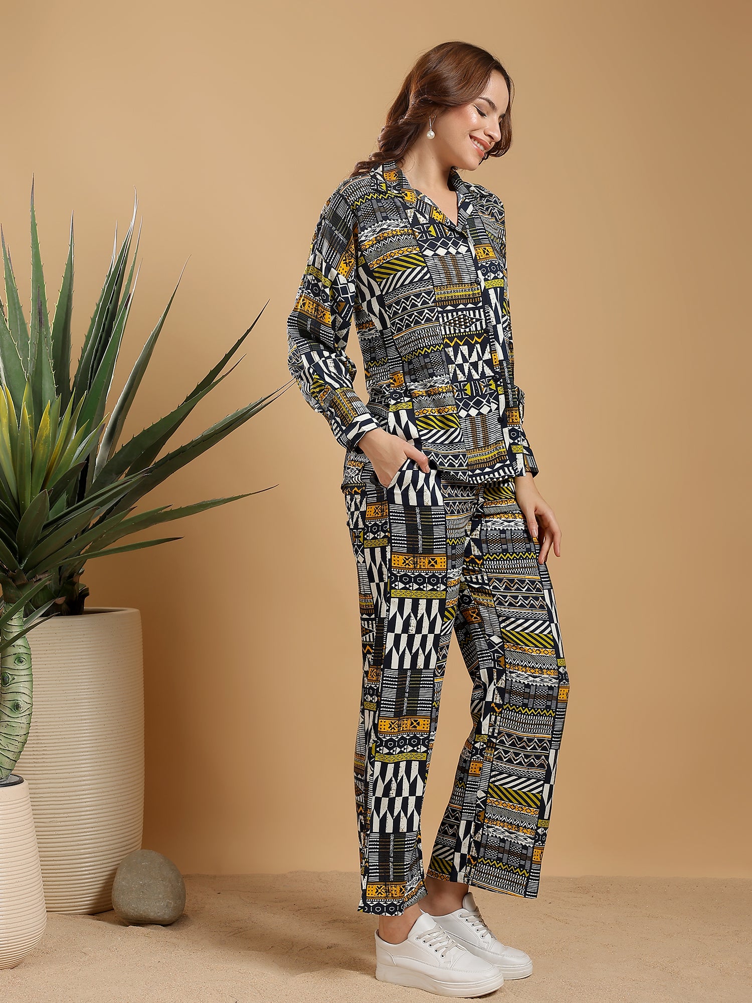 Black yellow Regular Shirt Coord set drop shoulder broad sleeve cuff