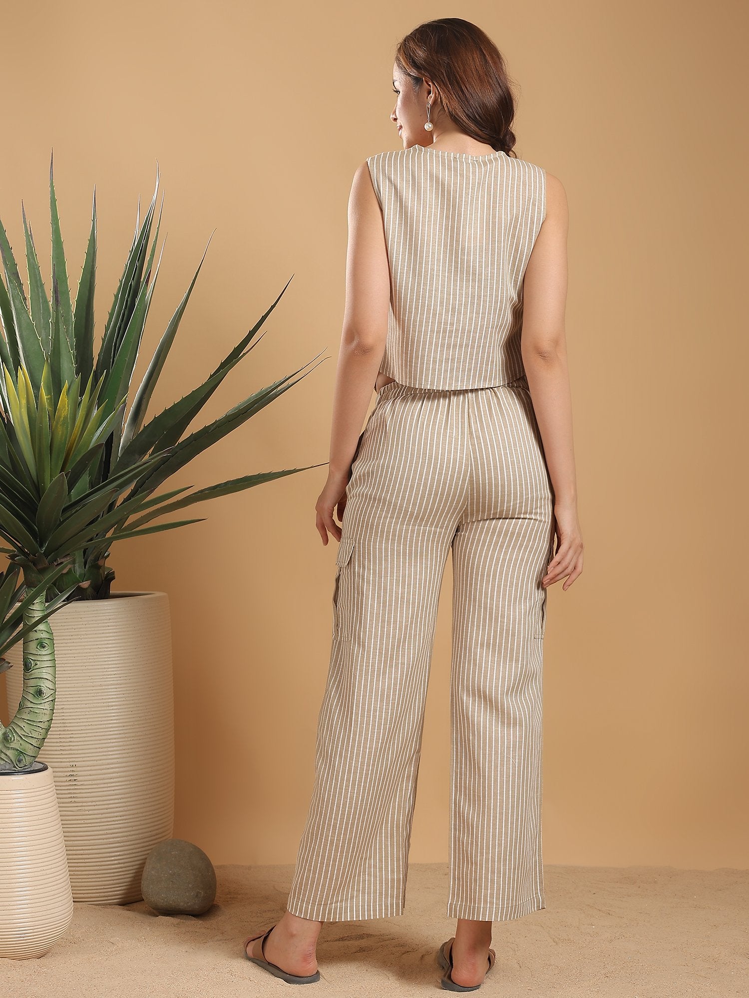 Beige Waist coat style top with pants - striped coord set
