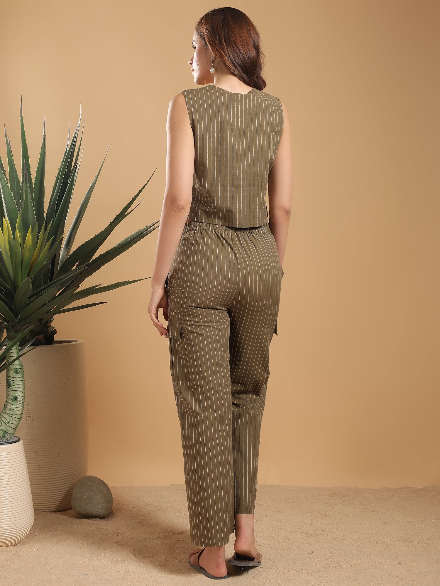 Olive green Waist coat style top with pants - dotted stripes coord set
