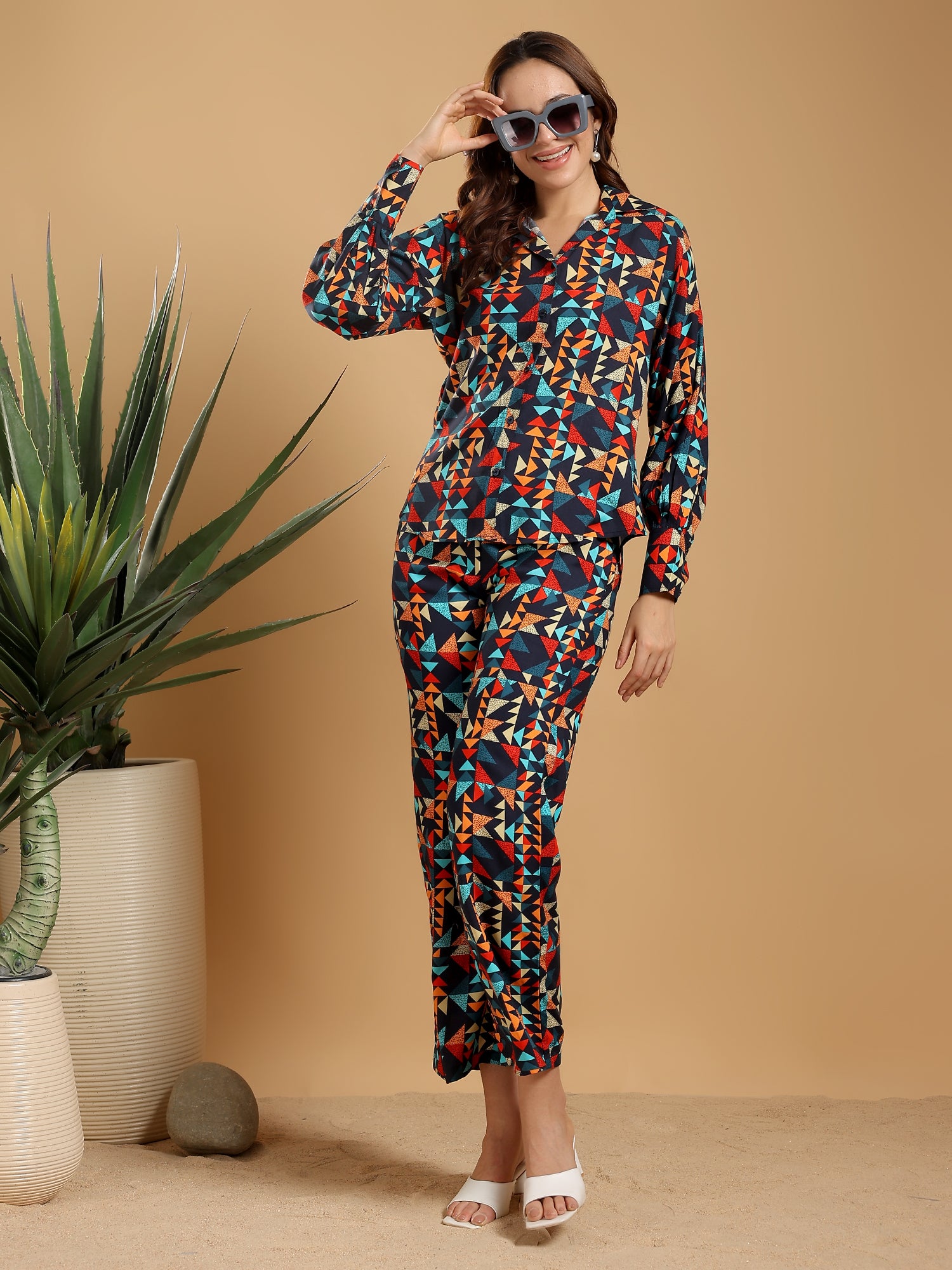 Blue - multicoloured print Regular Shirt Coord set drop shoulder broad sleeve cuff