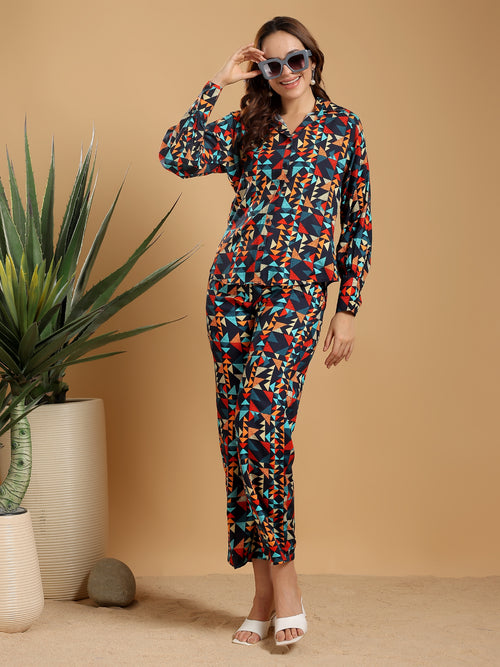 Blue - multicoloured print Regular Shirt Coord set drop shoulder broad sleeve cuff