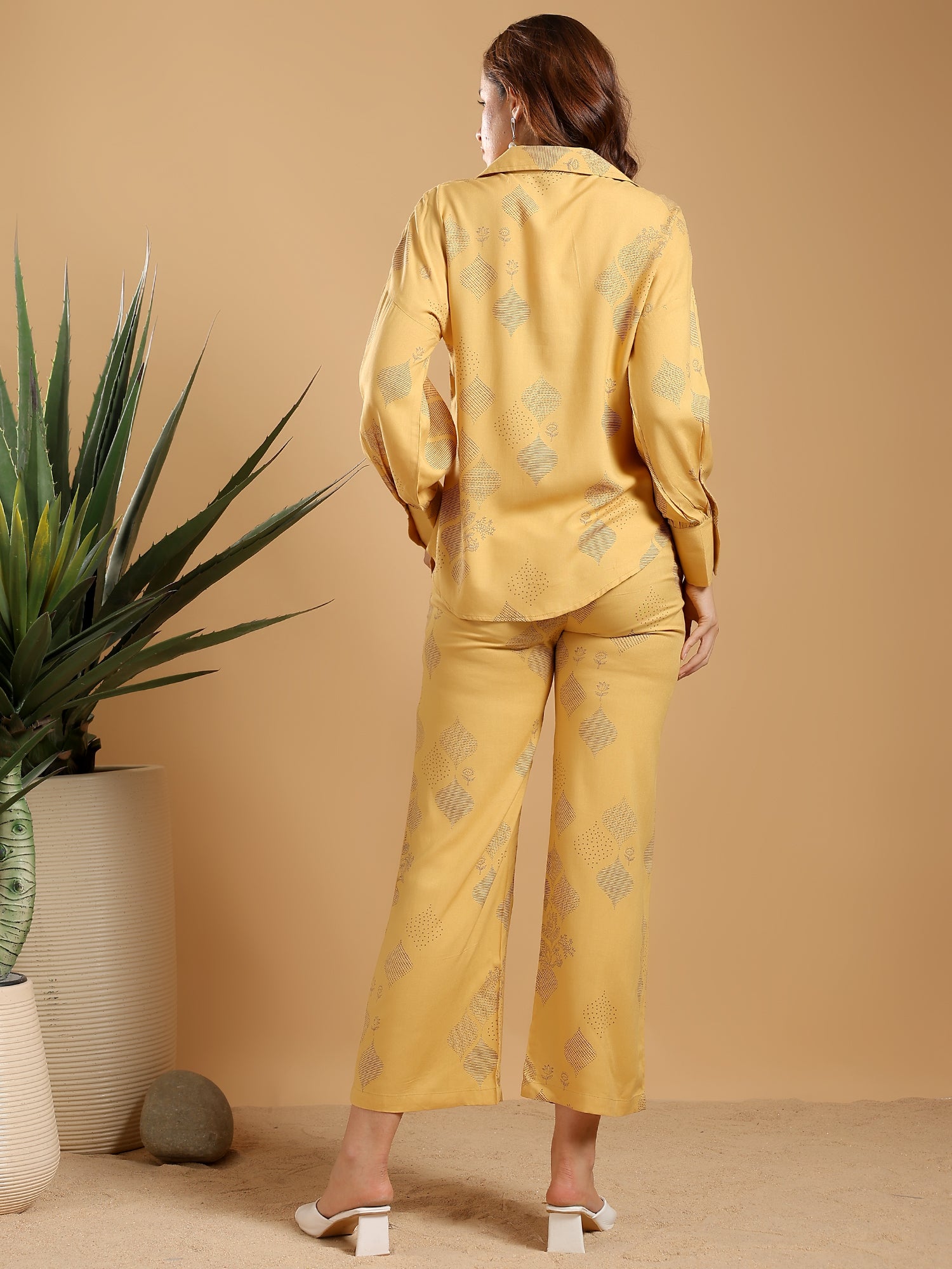 Mustard yellow Regular Shirt Coord set drop shoulder broad sleeve cuff