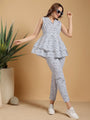 White printed Band neck collar and tunic top with pants coord set