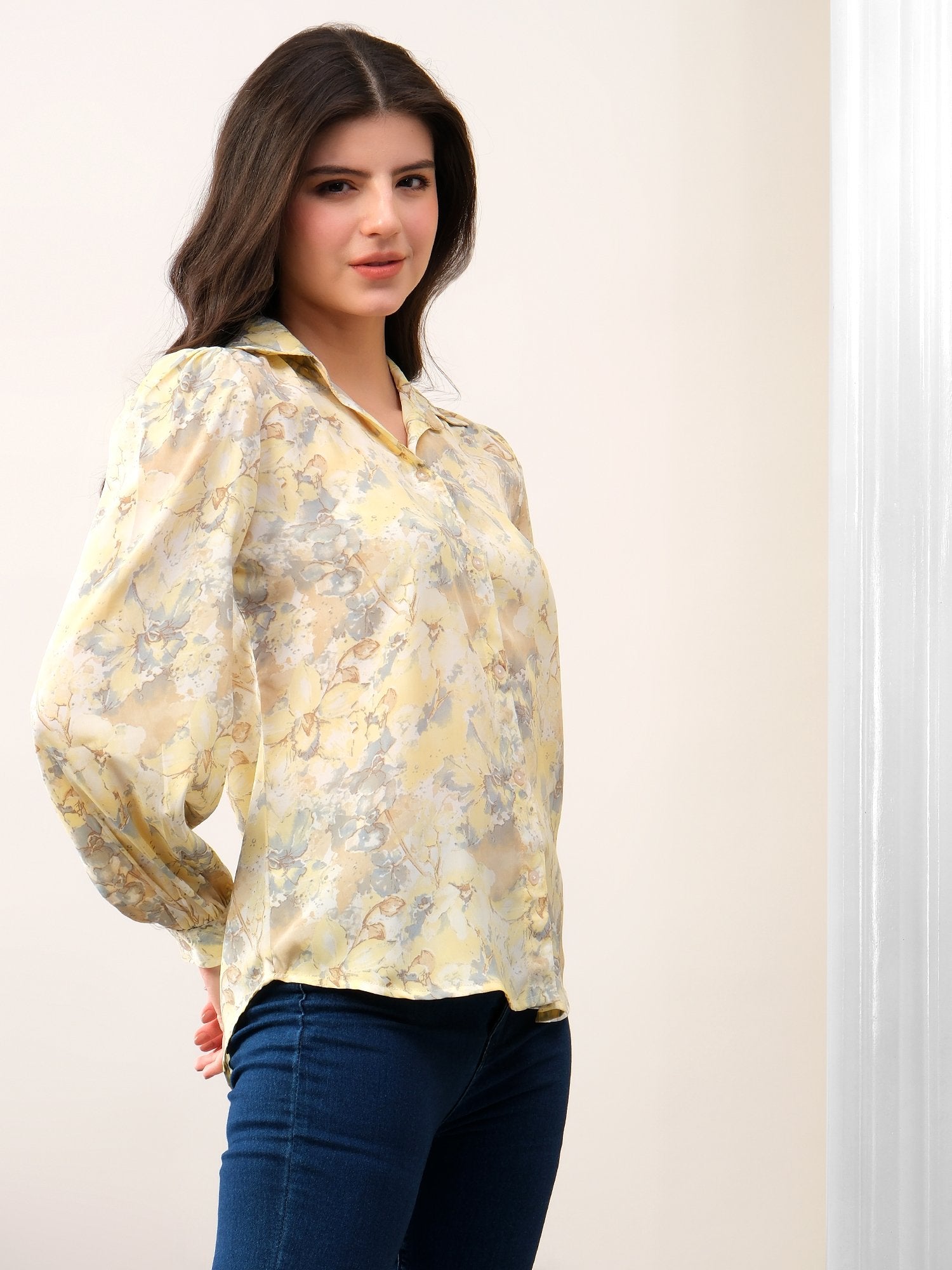 Yellow Printed Floral Casual Collar Shirt