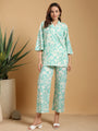 Green and white printed band neck regular coord set