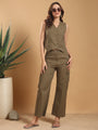 Olive green Waist coat style top with pants - dotted stripes coord set