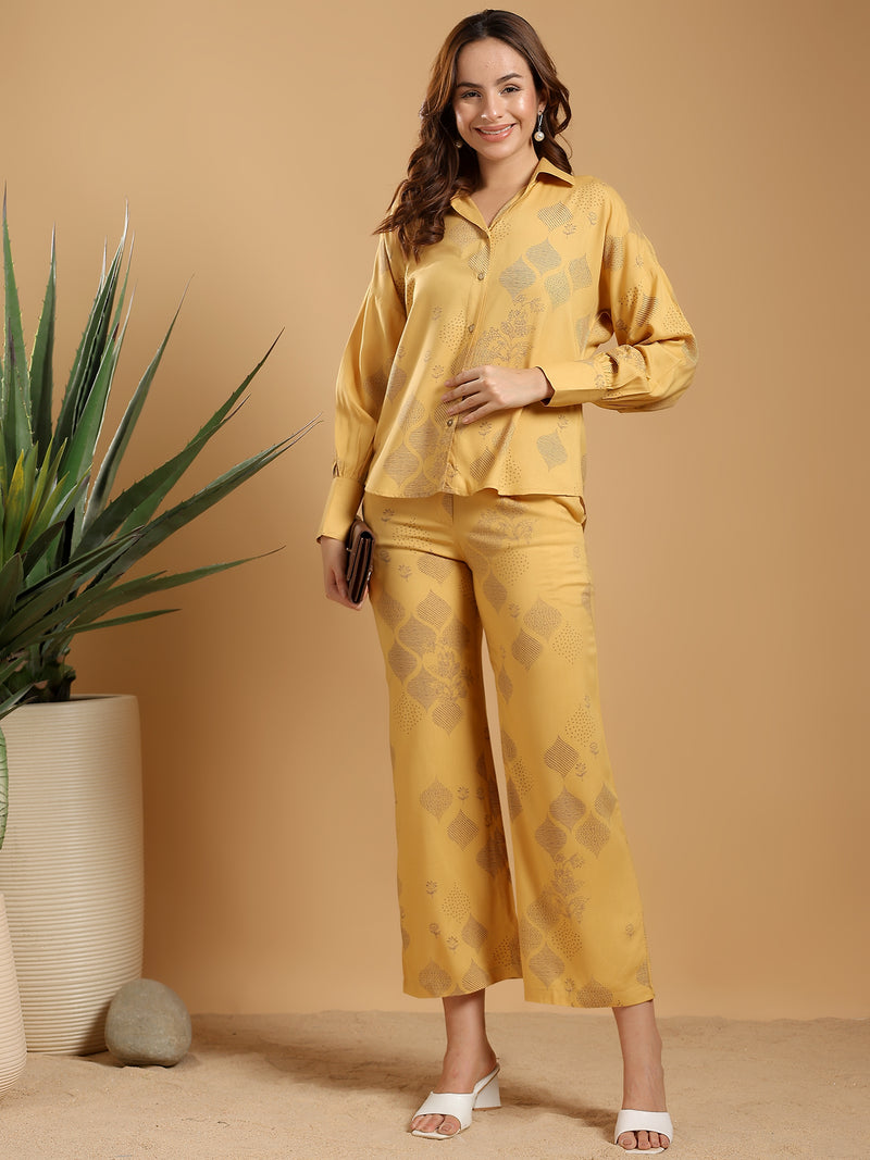Mustard yellow Regular Shirt Coord set drop shoulder broad sleeve cuff