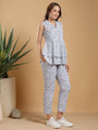 White printed Band neck collar and tunic top with pants coord set