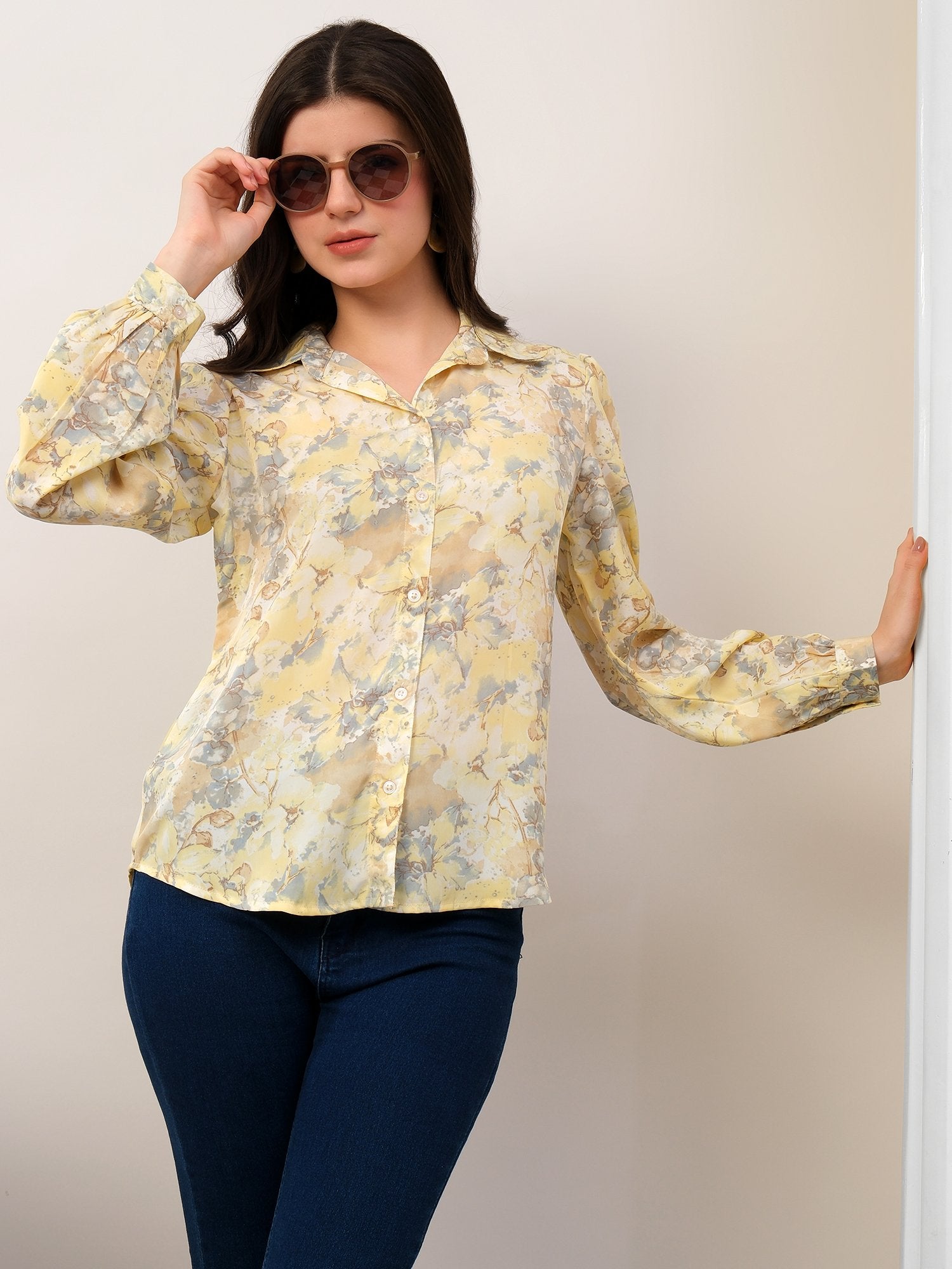 Yellow Printed Floral Casual Collar Shirt