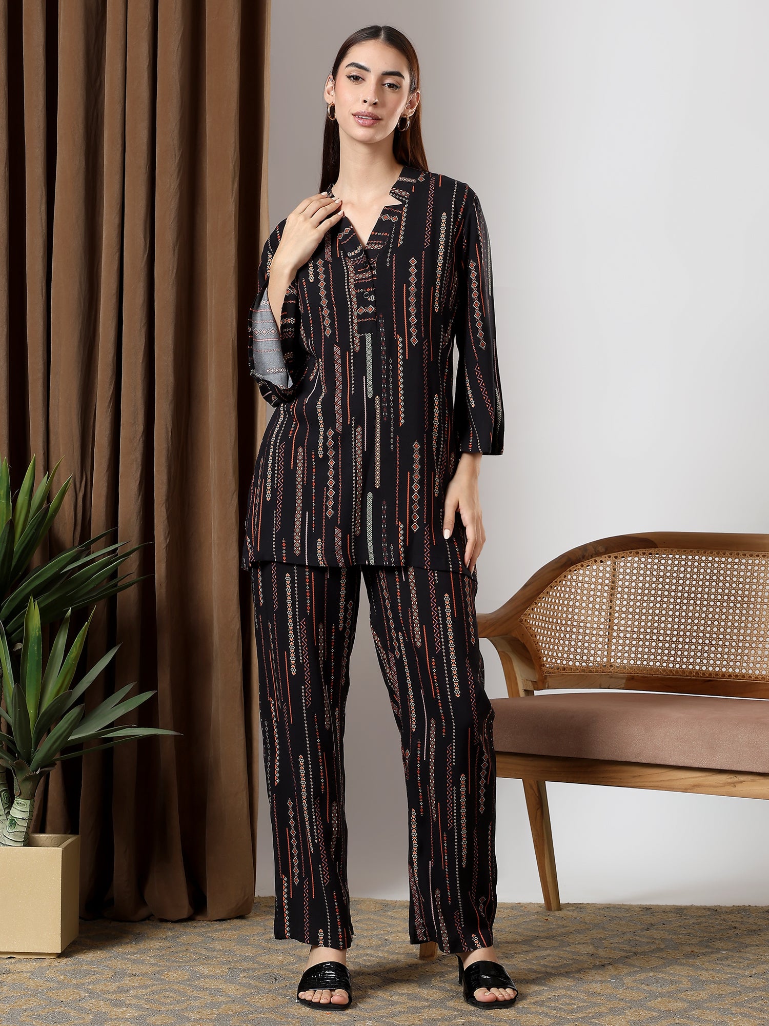 Black printed band neck regular coord set
