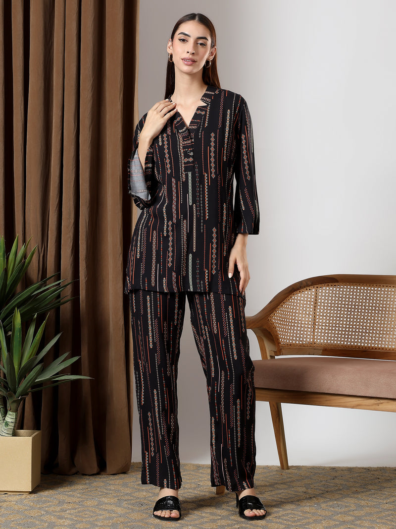 Black printed band neck regular coord set