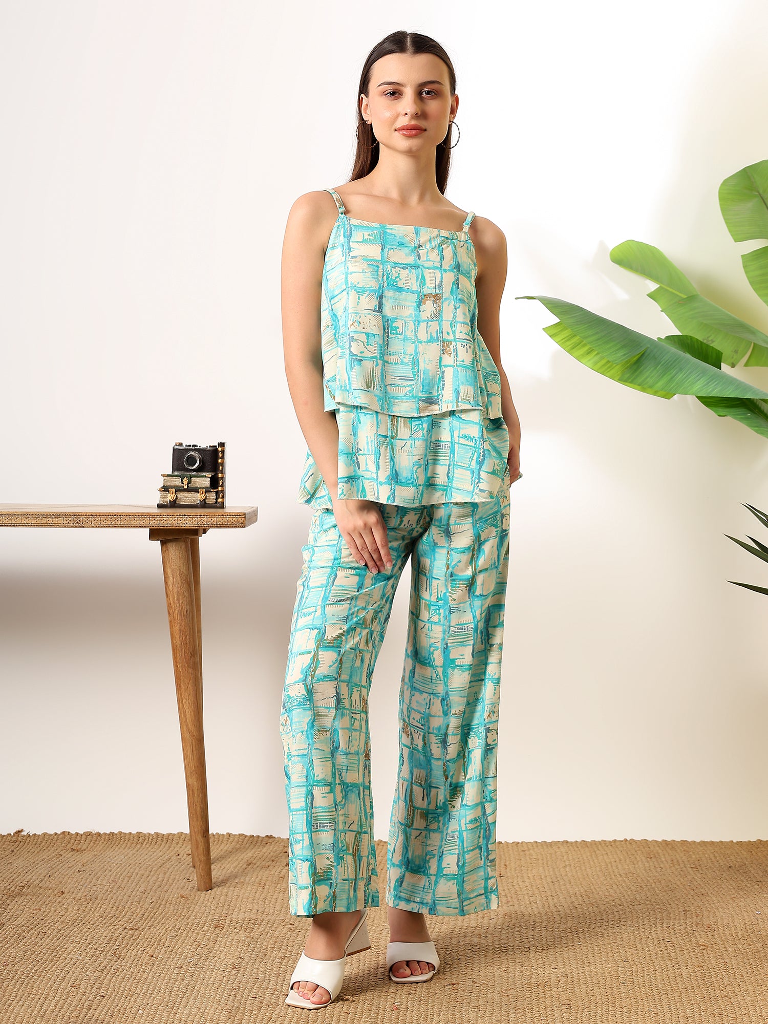 Sea Blue Foil print double layered top with pants coord set