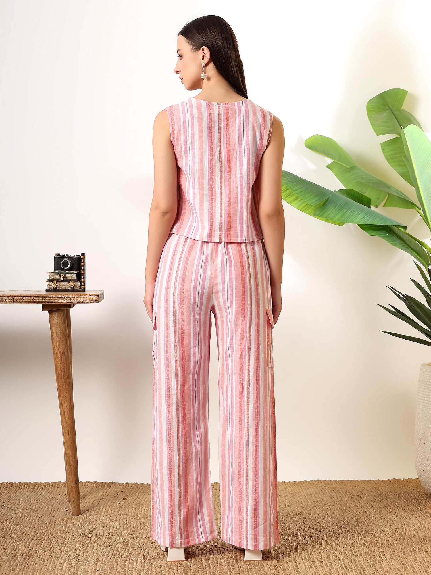 Pink White Waist coat style top with pants