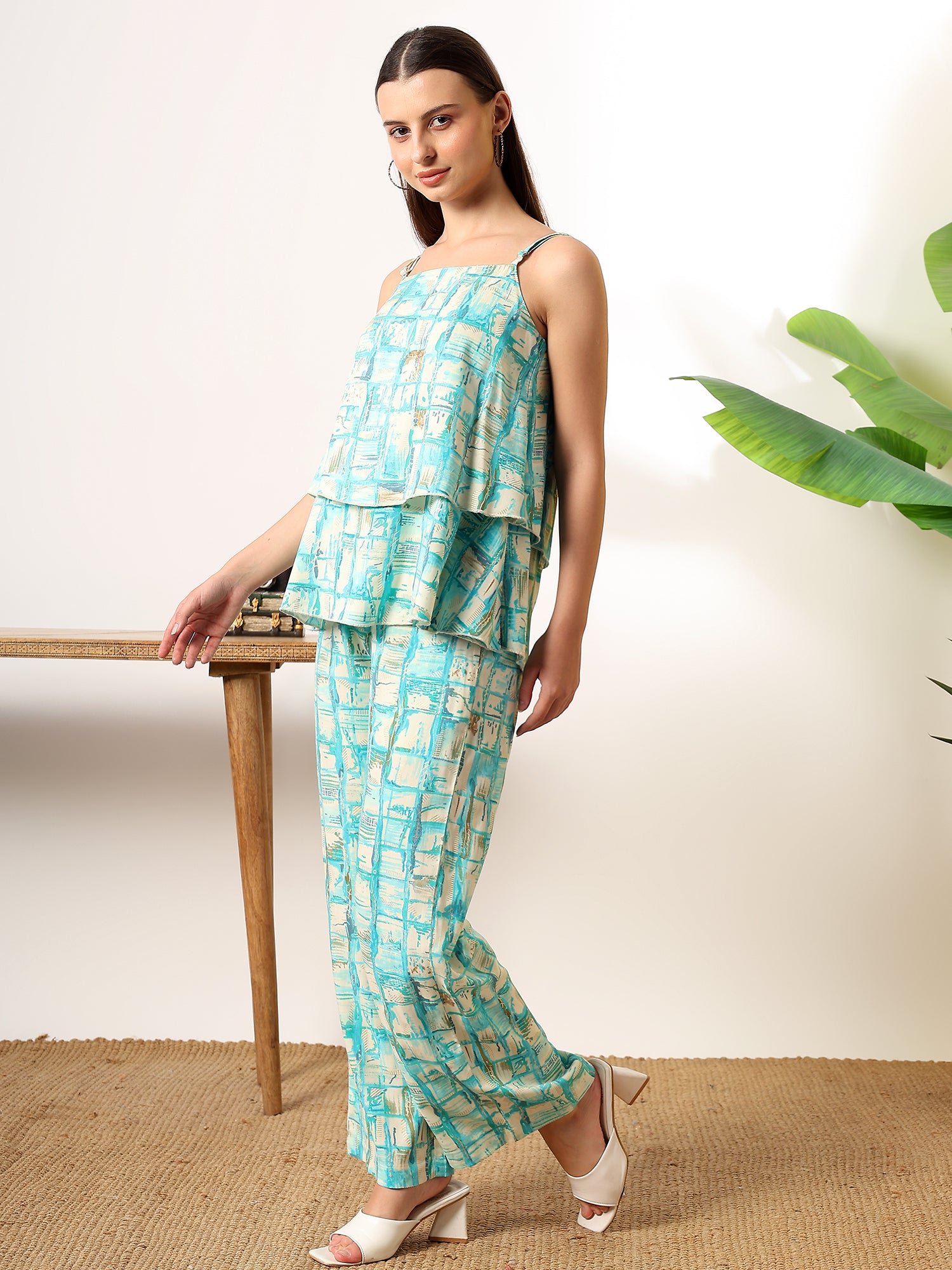 Sea Blue Foil print double layered top with pants coord set