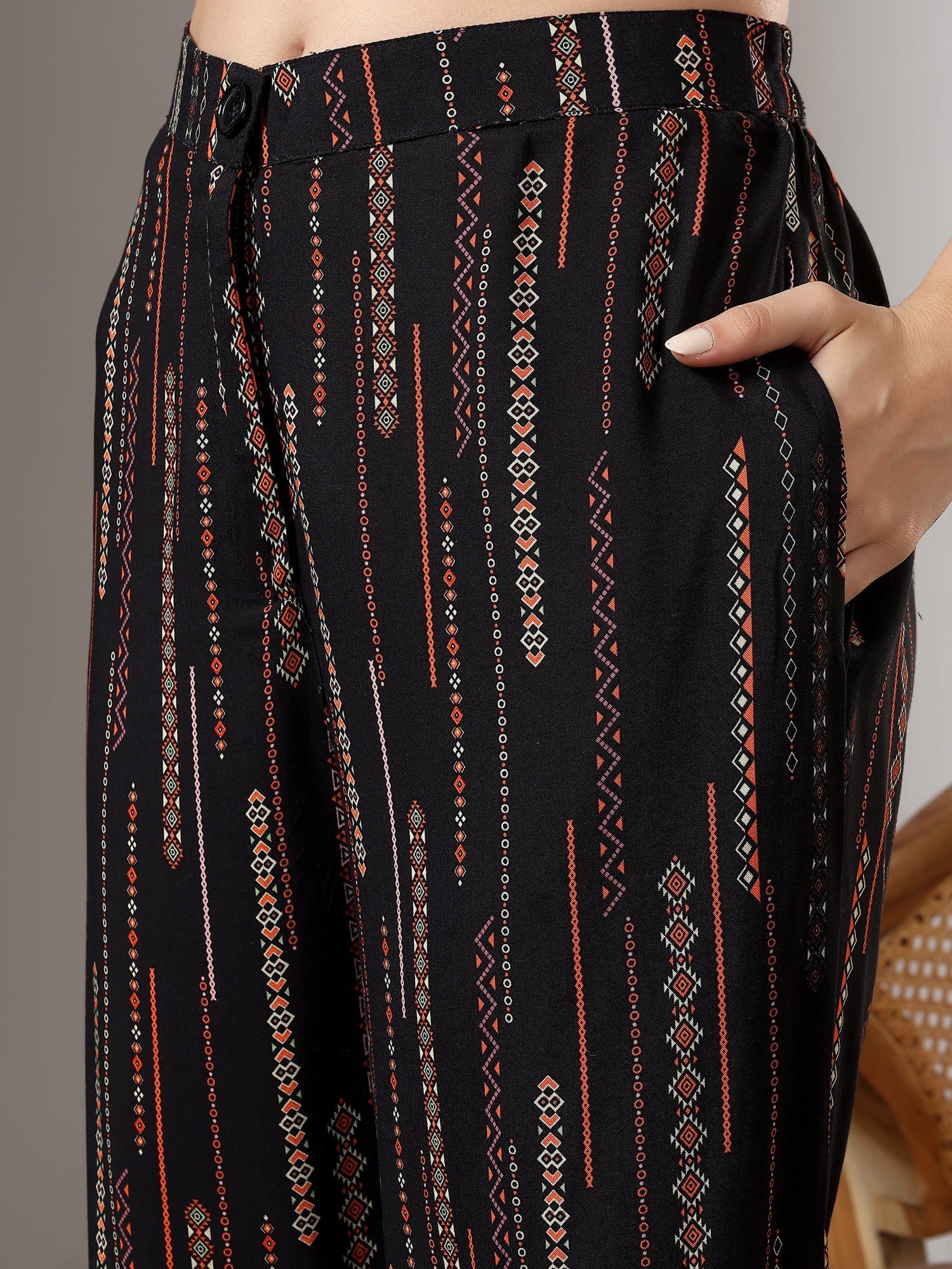 Black printed band neck regular coord set