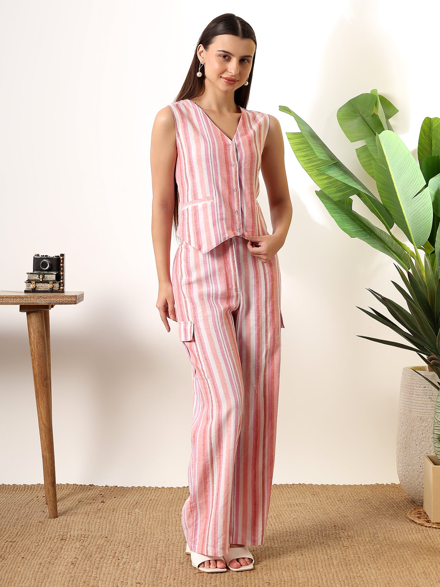Pink White Waist coat style top with pants