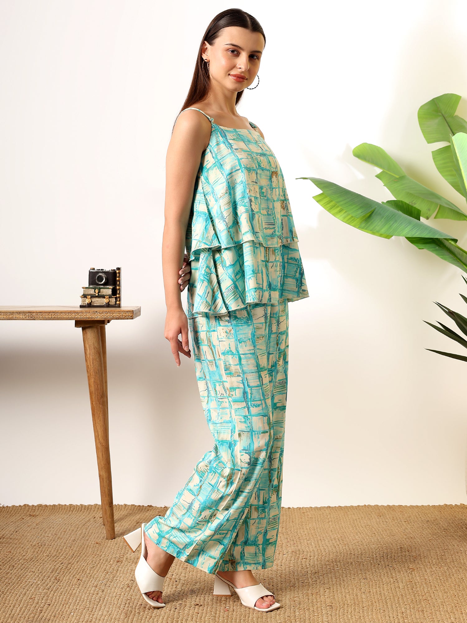 Sea Blue Foil print double layered top with pants coord set