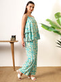 Sea Blue Foil print double layered top with pants coord set