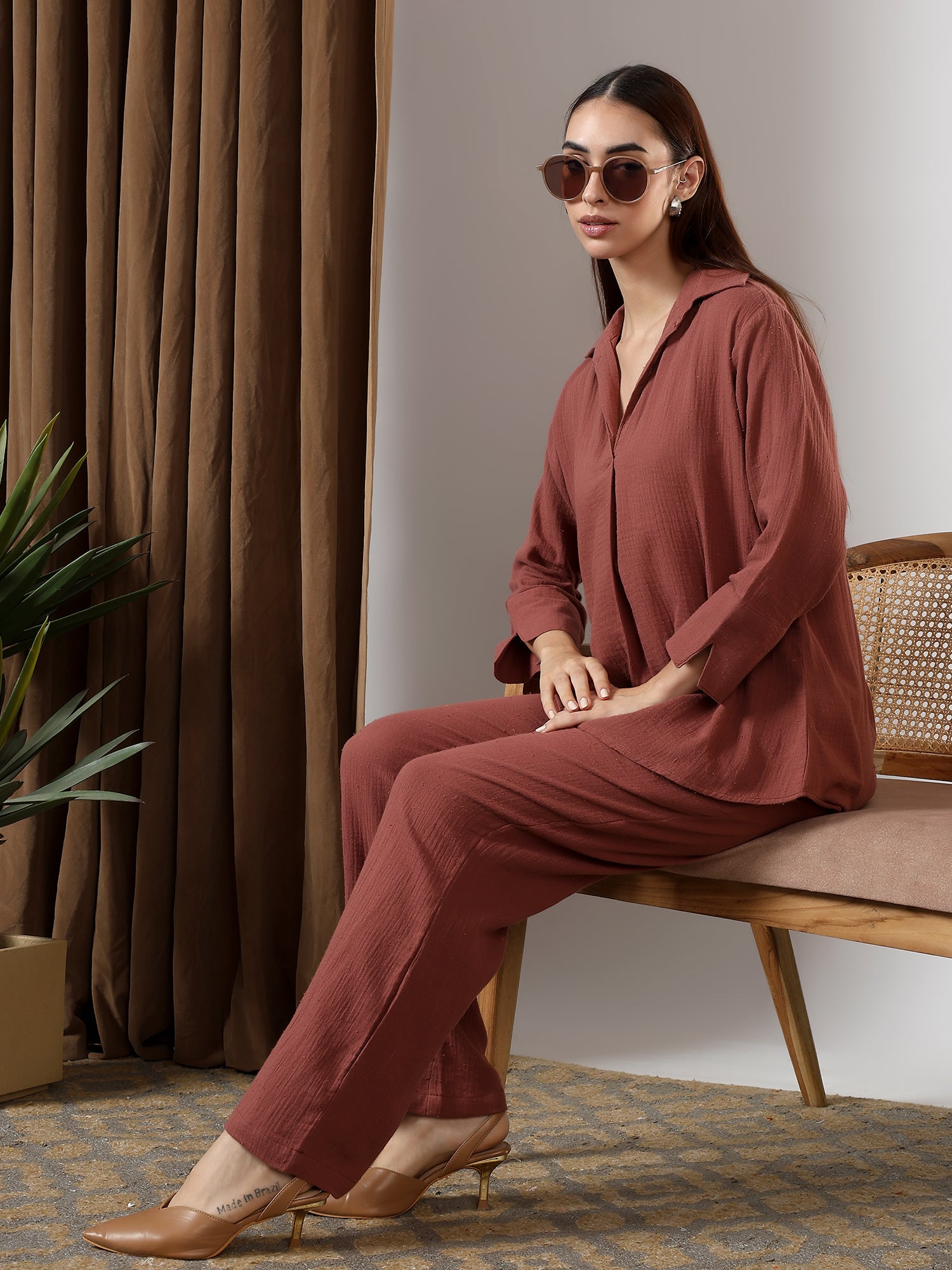 Brown Deep pleated neck coord set
