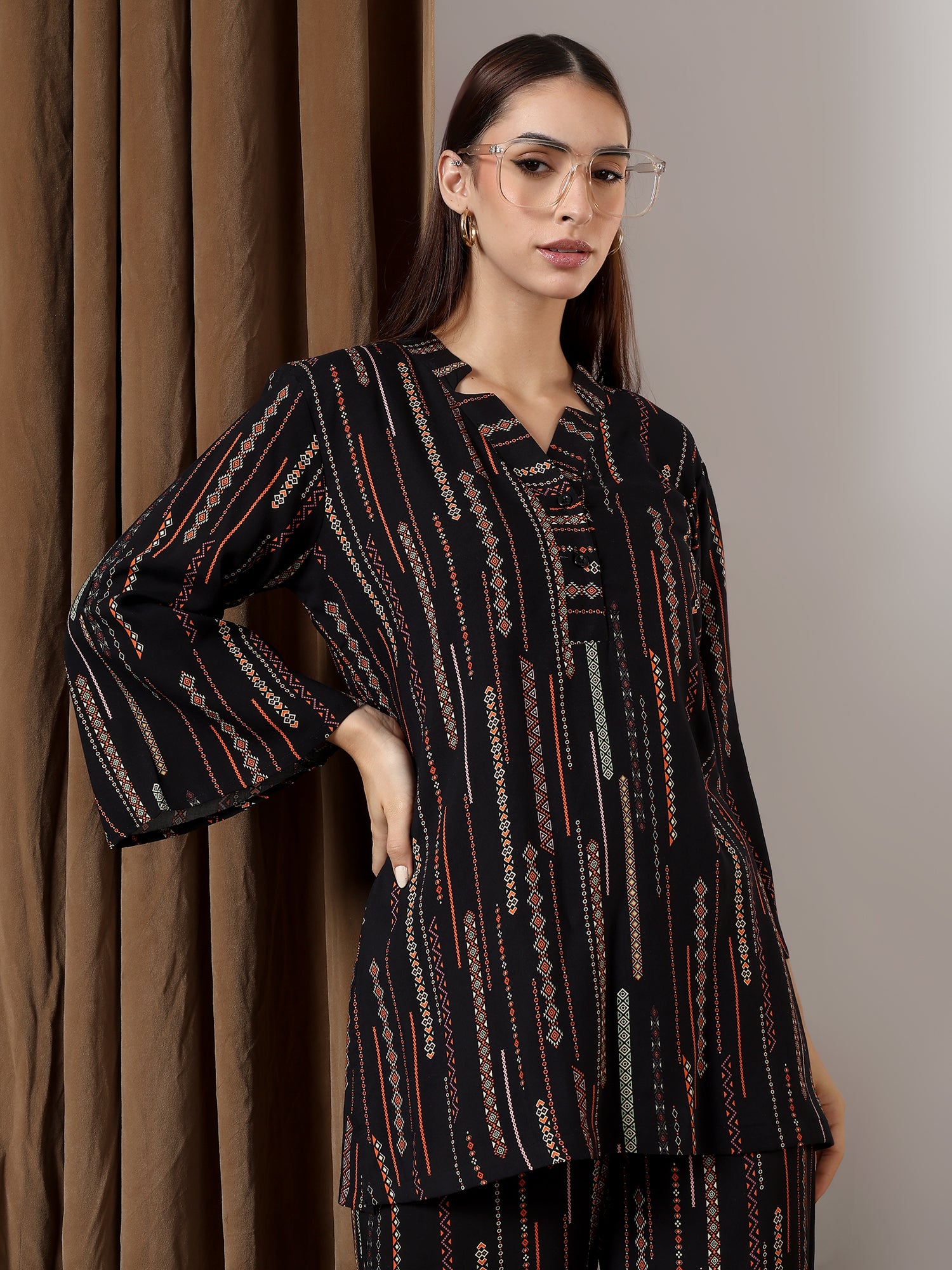Black printed band neck regular coord set