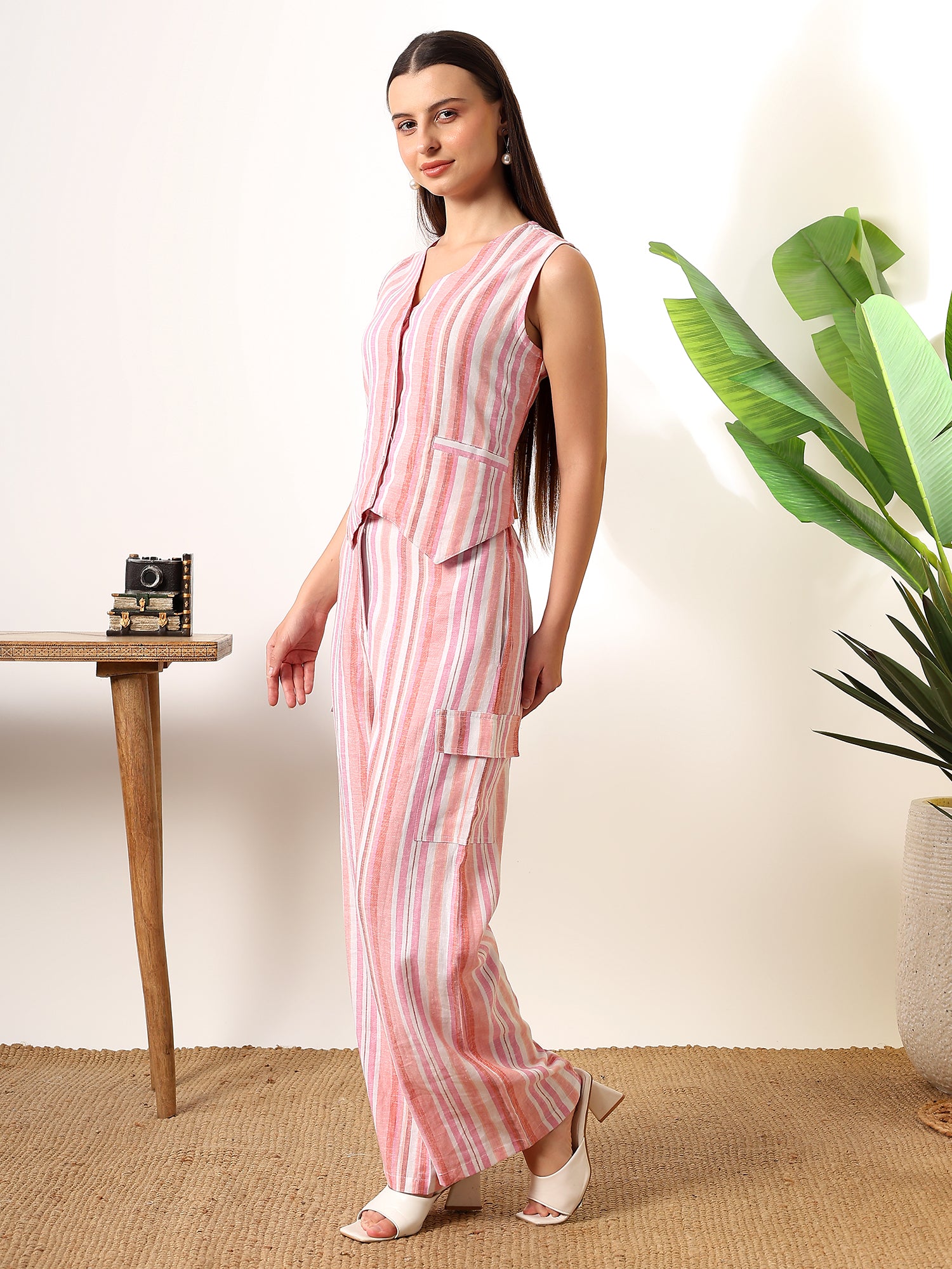 Pink White Waist coat style top with pants