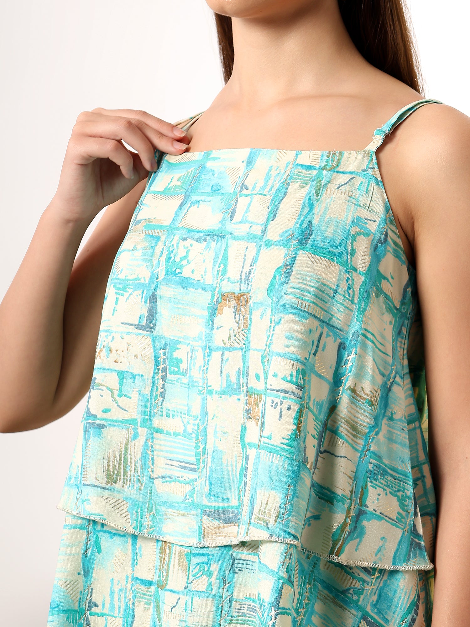 Sea Blue Foil print double layered top with pants coord set