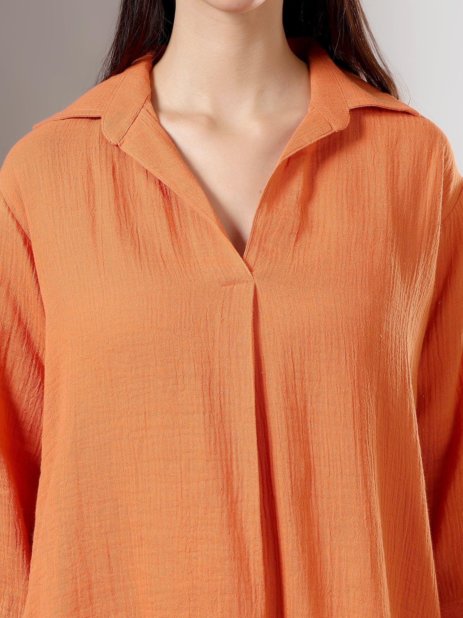 Orange Deep pleated neck coord set