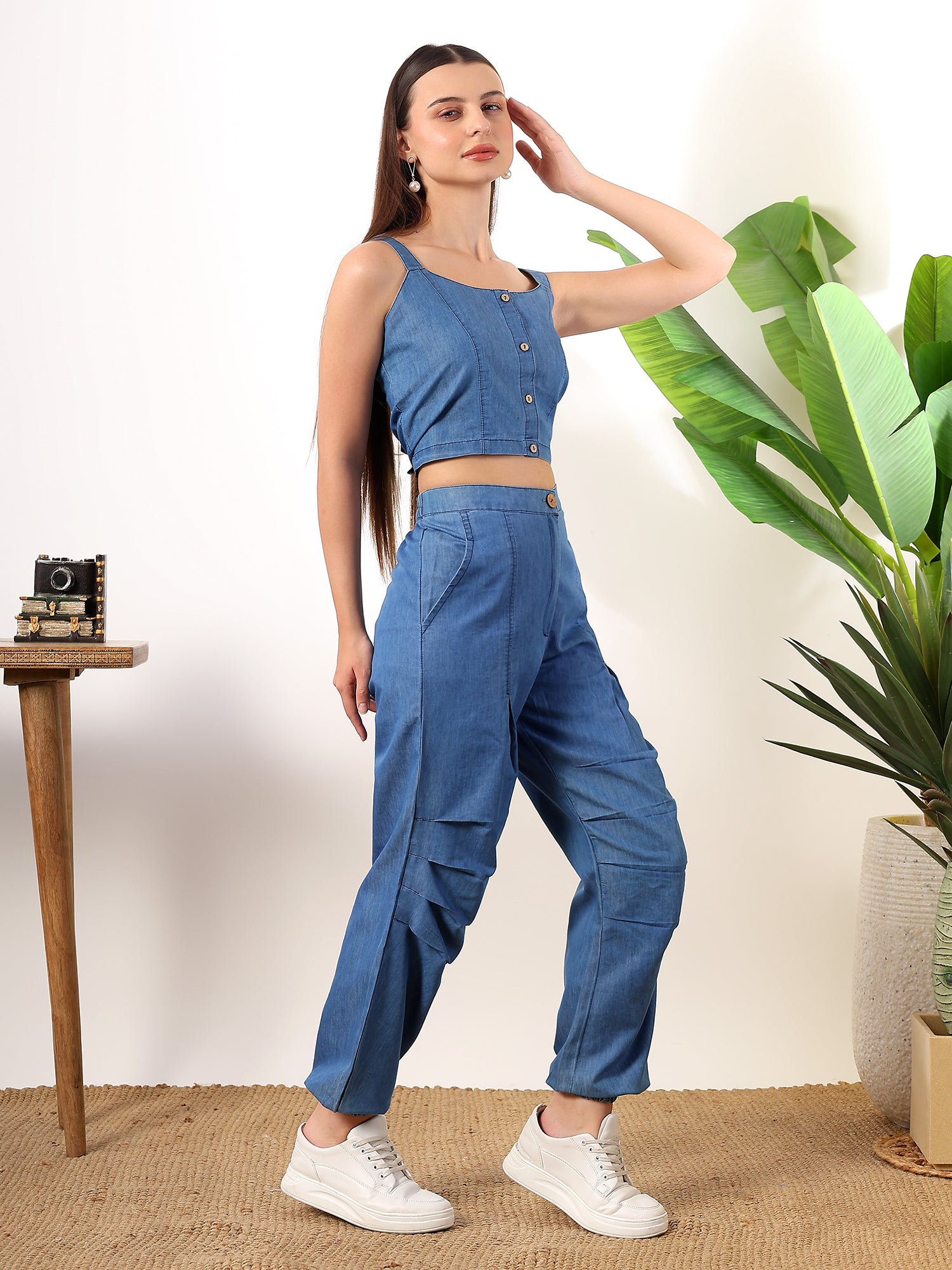 Denim short blouse with Afghani pants coord set
