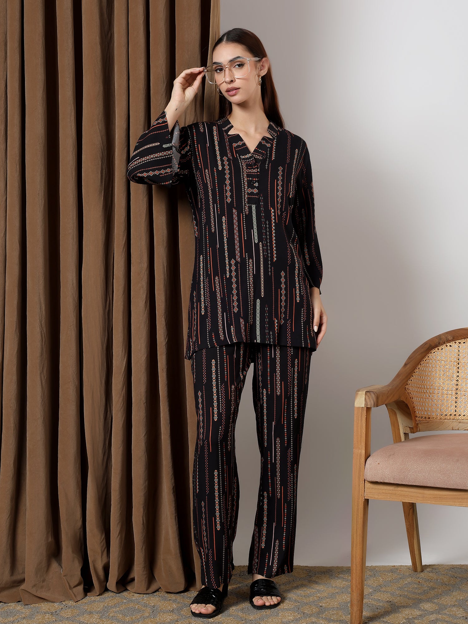 Black printed band neck regular coord set