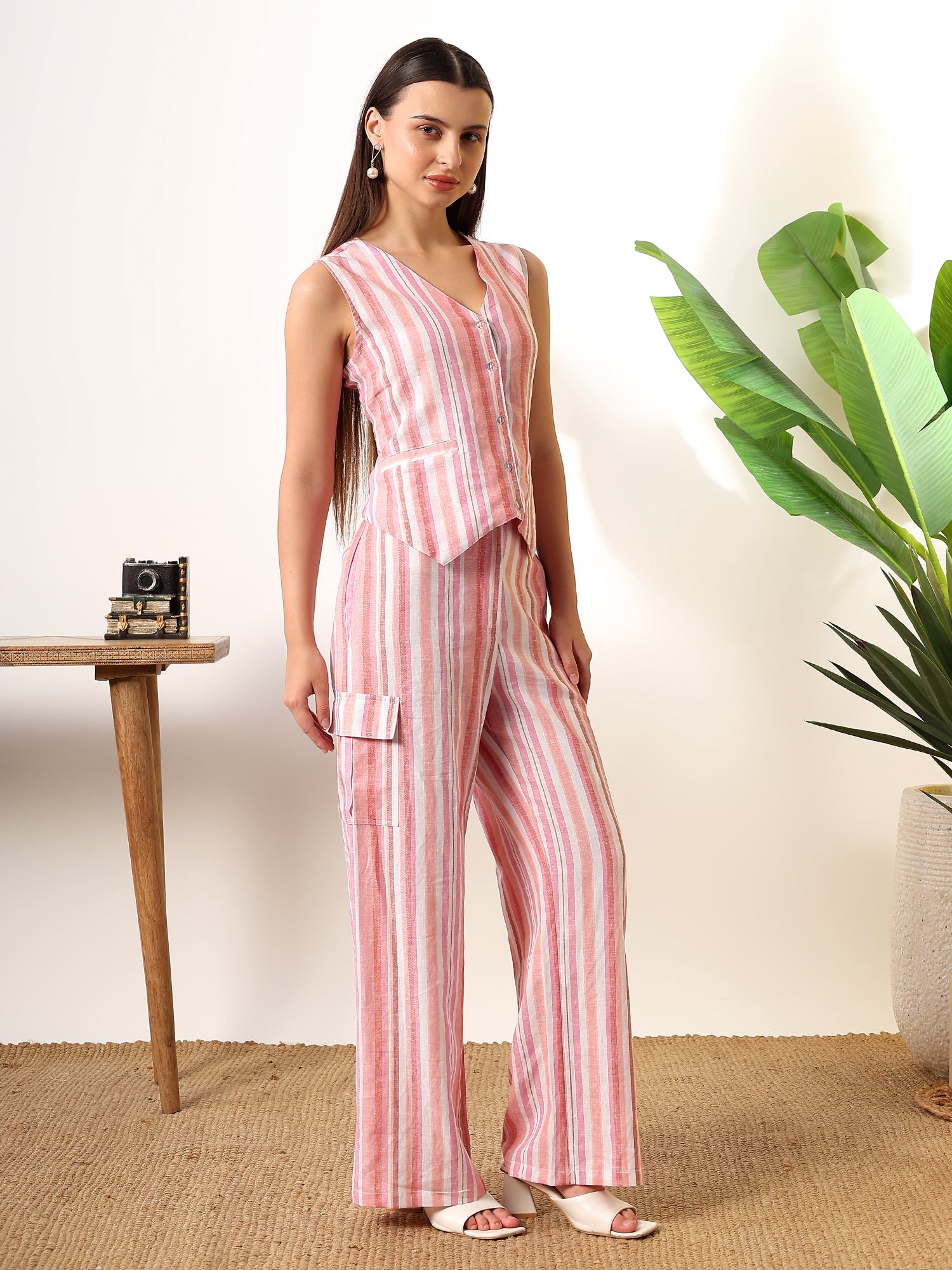 Pink White Waist coat style top with pants