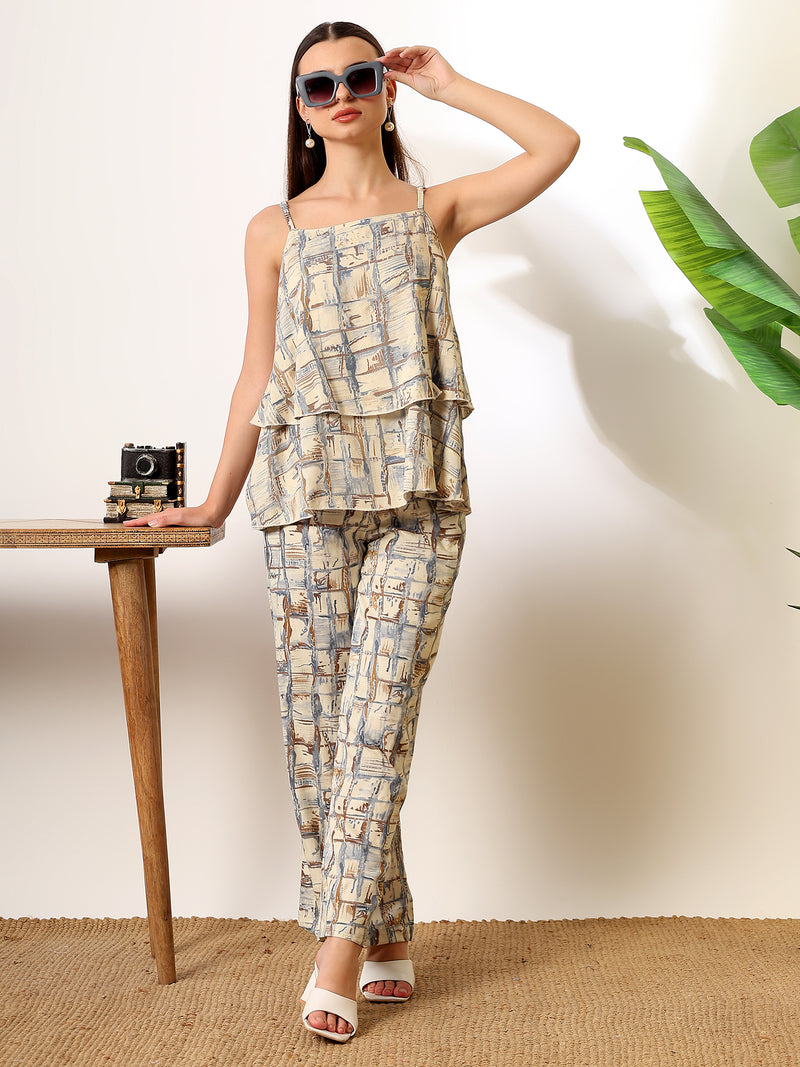 Cream Foil print double layered top with pants coord set