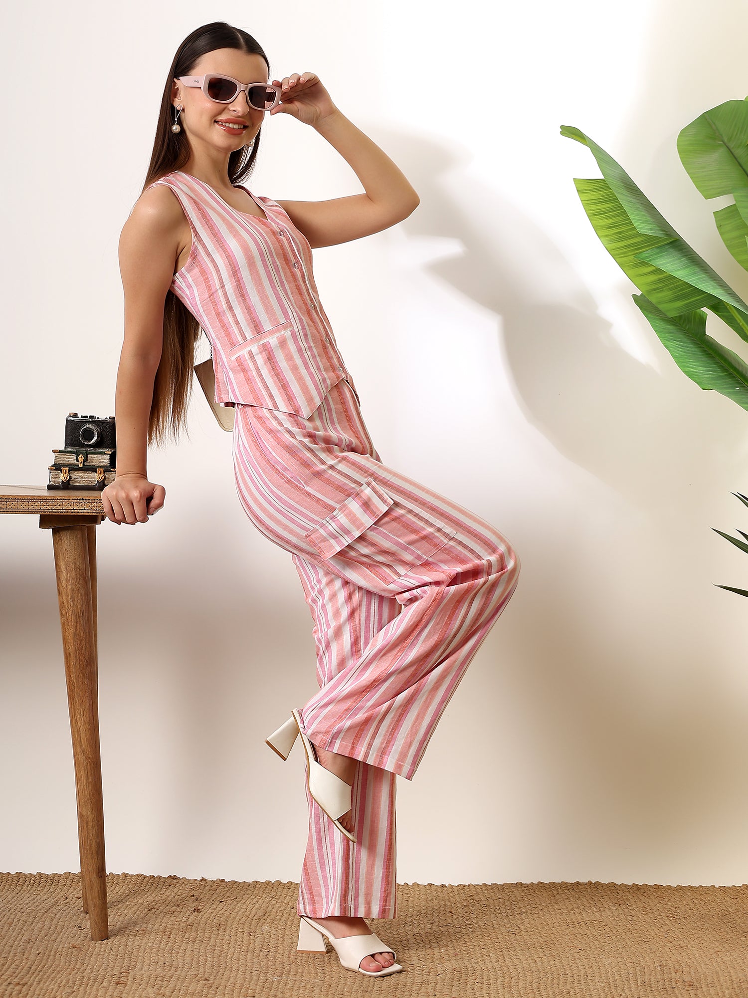 Pink White Waist coat style top with pants