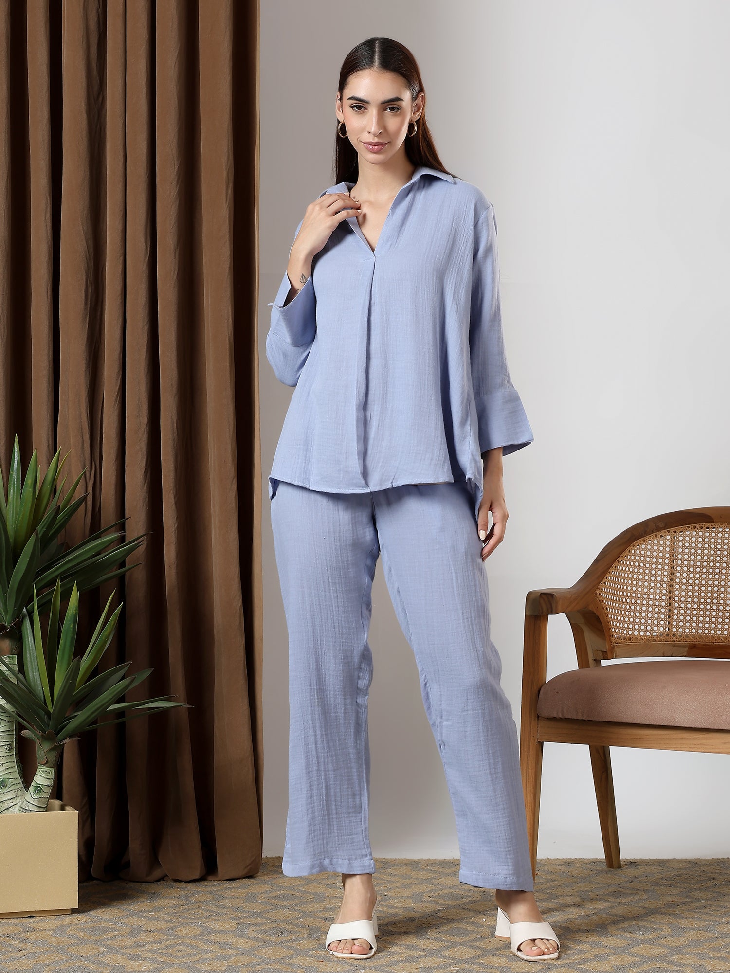 Blue Deep pleated neck coord set