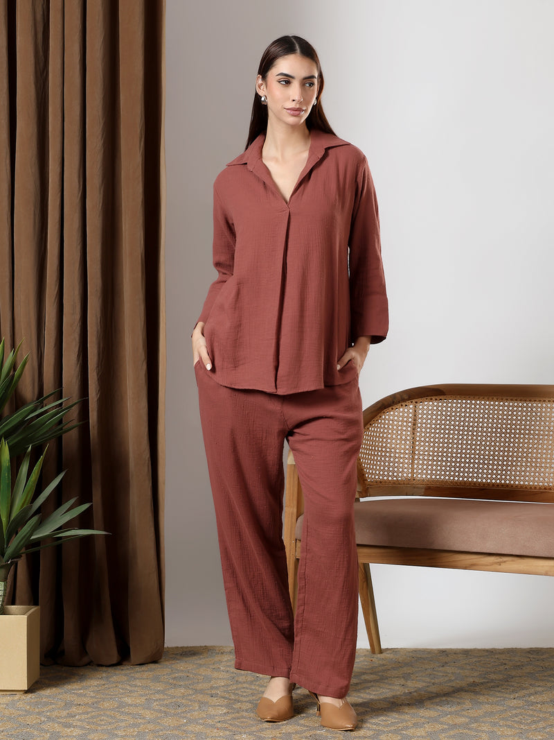 Brown Deep pleated neck coord set